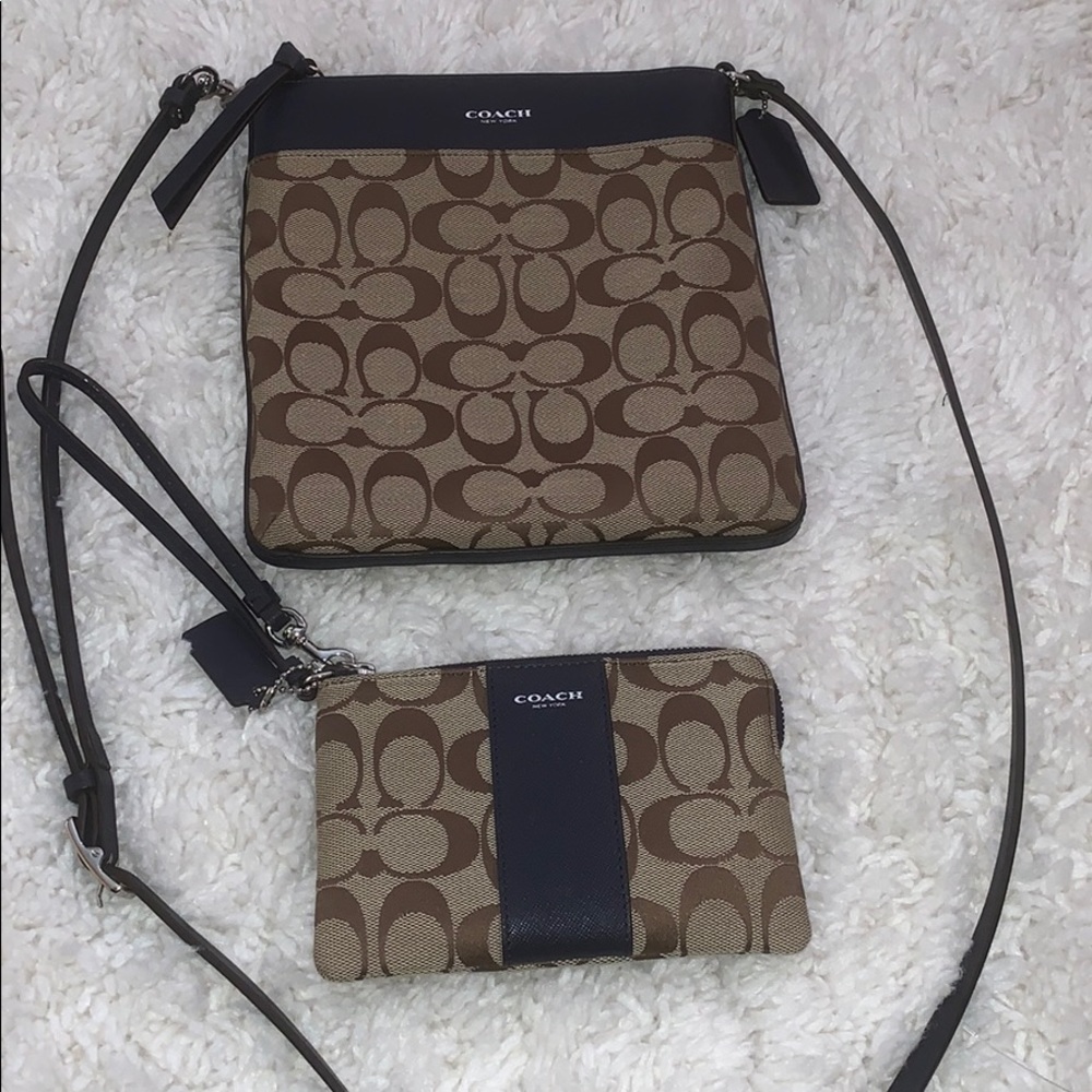 Coach Navy & Tan Matching Wristlet & Crossbody